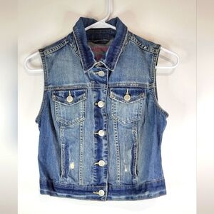 Aeropostale Original Brand Kids Denim Vest Blue Distress Buttons Pockets Medium.